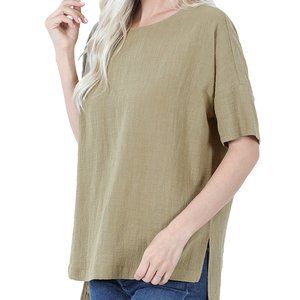 WOVEN GAUZE ROUND NECK HIGH LOW HEM  KHAKI TOP NWT